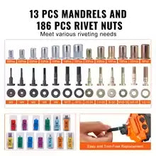 SucceBuy 16" Rivet Nut Tool, Labor-Saving Rivnut Tool Kit with 13PCS Metric SAE Mandrels, 186PCS Rivet Nuts, With Carrying Case